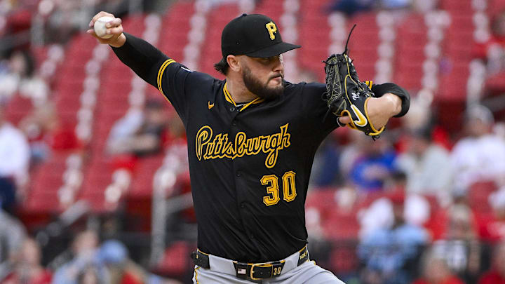 May 6, 2025; St. Louis, Missouri, USA;  Pittsburgh Pirates starting pitcher Paul Skenes (30) pitches against the St. Louis Cardinals during the second inning at Busch Stadium. Mandatory Credit: Jeff Curry-Imagn Images