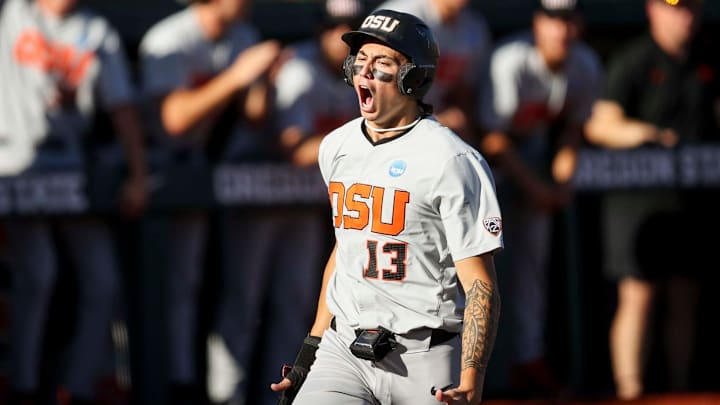 Oregon State infielder Aiva Arquette (13) reacts while crossing home plate in game 2 of the NCAA Super Regional against Florida State at Goss Stadium on Saturday, June 7, 2025 in Corvallis.