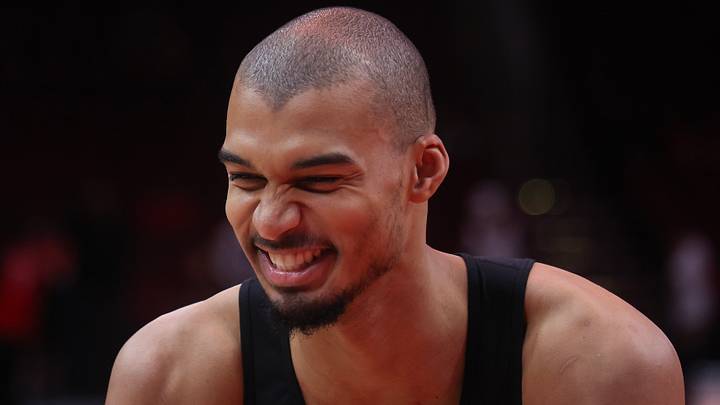 Jan 20, 2026; Houston, Texas, USA;  San Antonio Spurs forward Victor Wembanyama (1) laughs as he warms-up before playing against the Houston Rockets at Toyota Center. Mandatory Credit: Thomas Shea-Imagn Images