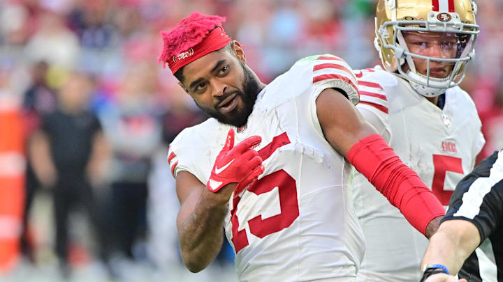 Jan 5, 2025; Glendale, Arizona, USA; San Francisco 49ers wide receiver Jauan Jennings (15) reacts in the first half prior to being ejected from the game against the Arizona Cardinals at State Farm Stadium. Mandatory Credit: Matt Kartozian-Imagn Images