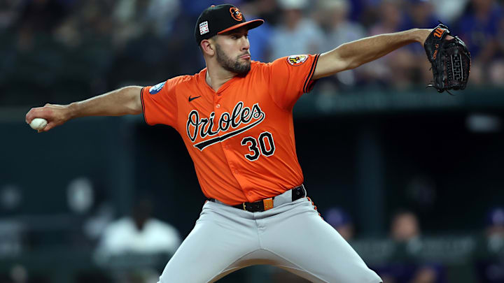Jul 20, 2024; Arlington, Texas, USA; Baltimore Orioles pitcher Grayson Rodriguez (30) throws against the Texas Rangers in the first inning at Globe Life Field. 