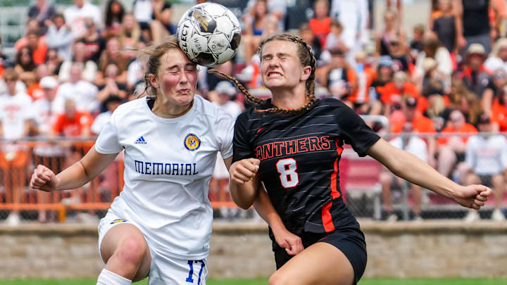 Catholic Memorial's Margaret Sisk (17) battles Plymouth's Cora Nothem (8) for a header during the WIAA Division 3 girls state soccer championship at Uihlein Soccer Park in Milwaukee, Saturday, Jun 15, 2024. Catholic Memorial's Margaret Sisk (17) battles Plymouth's Cora Nothem (8) for a header during the WIAA Division 3 girls state soccer championship at Uihlein Soccer Park in Milwaukee, Saturday, Jun 15, 2024.
