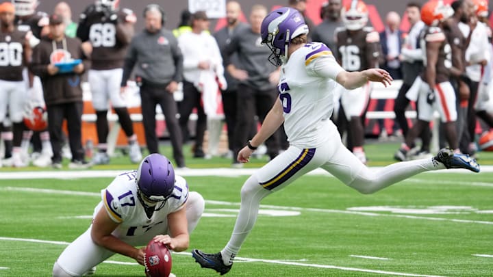 Will Reichard kicks against the Browns in London. Will Reichard kicks against the Browns in London.