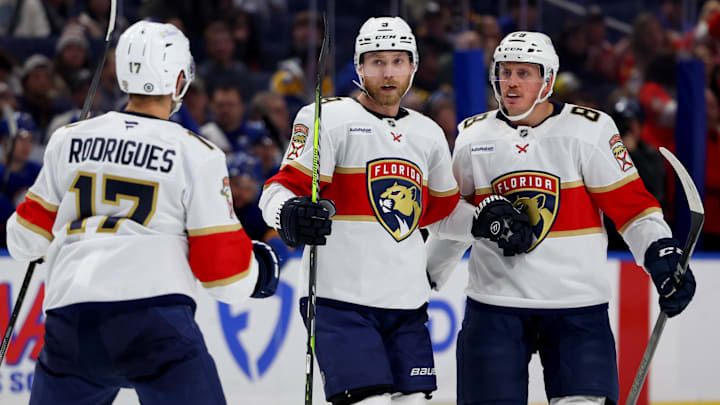 Oct 28, 2024; Buffalo, New York, USA;  Florida Panthers center Sam Bennett (9) celebrates his goal with teammates during the third period against the Buffalo Sabres at KeyBank Center. Mandatory Credit: Timothy T. Ludwig-Imagn Images