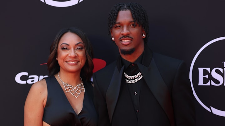 Jul 11, 2024: Washington Commanders quarterback Jayden Daniels and his mother Regina Jackson arrive on the red carpet before the 2024 ESPYS.