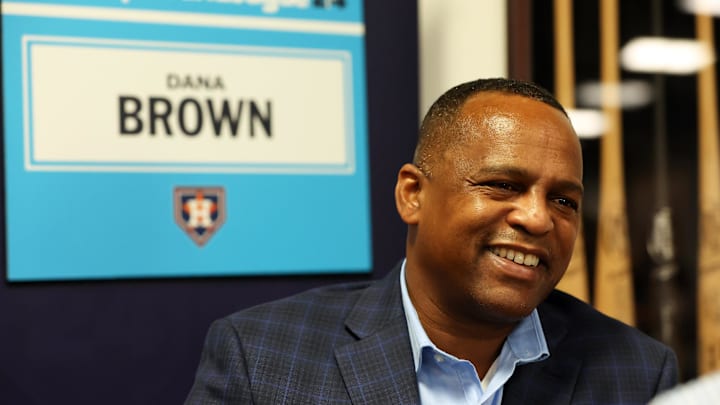 Feb 15, 2024; Tampa, FL, USA; Houston Astros general manager Dana Brown talks with media at George M. Steinbrenner Field.