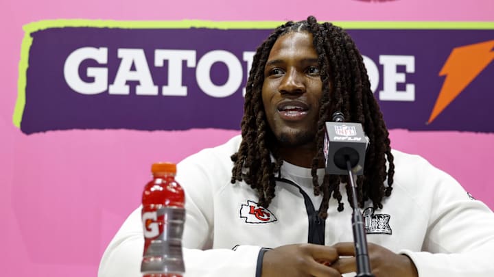 Feb 3, 2025; New Orleans, LA, USA; Kansas City Chiefs linebacker Nick Bolton (32) talks to the media during Super Bowl LIX Opening Night at Ceasars Superdome. Mandatory Credit: Stephen Lew-Imagn Images