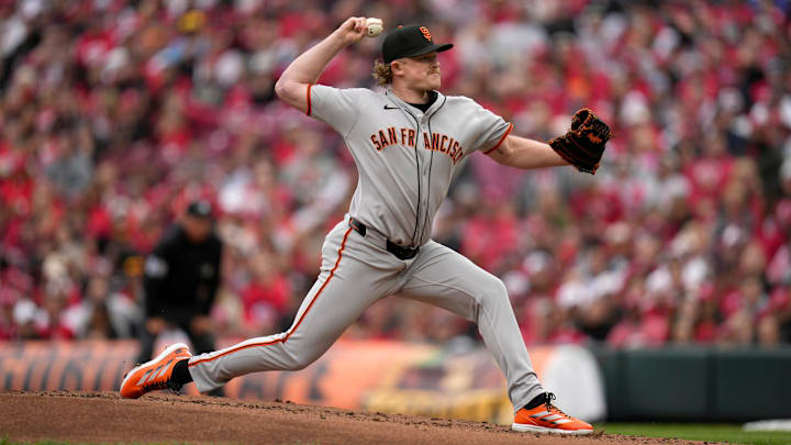 San Francisco Giants pitcher Logan Webb (62) throws to the Cincinnati Reds on Opening Day at Great American Ball Park Thursday, March 27, 2025. The Giants beat the Reds 6-4.