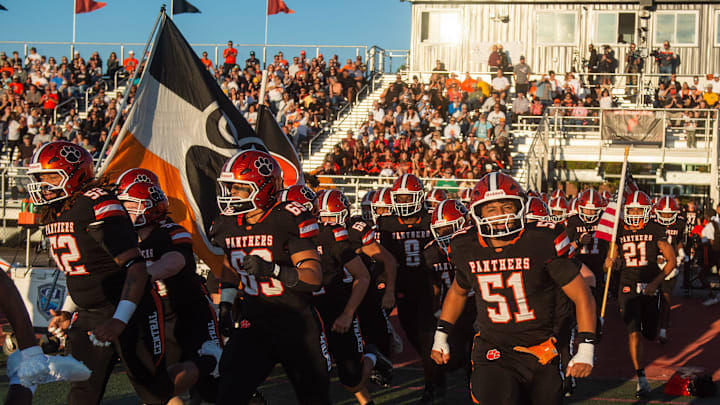 The Central York football team enters the field for a game against Manheim Township on Friday, Aug. 29, 2025. Central York won 36-28.