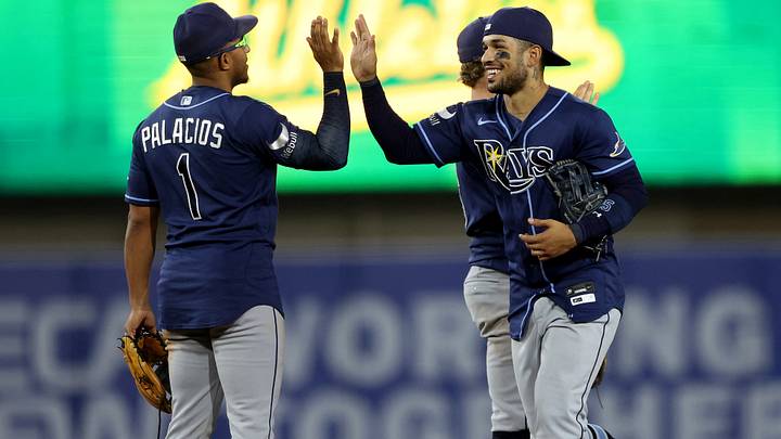 Aug 11, 2026; West Sacramento, California, USA; Tampa Bay Rays right fielder Victor Mesa Jr. (25) high fives second baseman Richie Palacios (1) after defeating the Athletics at Sutter Health Park. Mandatory Credit: Dennis Lee-Imagn Images Aug 11, 2026; West Sacramento, California, USA; Tampa Bay Rays right fielder Victor Mesa Jr. (25) high fives second baseman Richie Palacios (1) after defeating the Athletics at Sutter Health Park. Mandatory Credit: Dennis Lee-Imagn Images