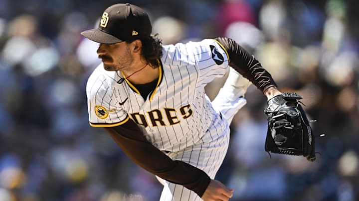 Sep 24, 2025; San Diego, California, USA; San Diego Padres starting pitcher Dylan Cease (84) delivers during the second inning against the Milwaukee Brewers at Petco Park. Mandatory Credit: Denis Poroy-Imagn Images