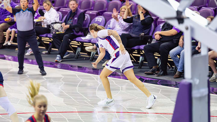 Madison Conner celebrates a three-pointer in No. 12 TCU's win over Samford on December 17, 2024.