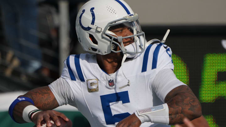 Nov 17, 2024; East Rutherford, New Jersey, USA; Indianapolis Colts quarterback Anthony Richardson (5) warms up before the game against the New York Jets at MetLife Stadium. Mandatory Credit: Robert Deutsch-Imagn Images