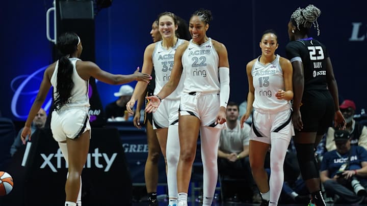 May 20, 2025; Uncasville, Connecticut, USA; Las Vegas Aces center A'ja Wilson (22) reacts after a call against the Connecticut Sun in the second half at Mohegan Sun Arena. Mandatory Credit: David Butler II-Imagn Images