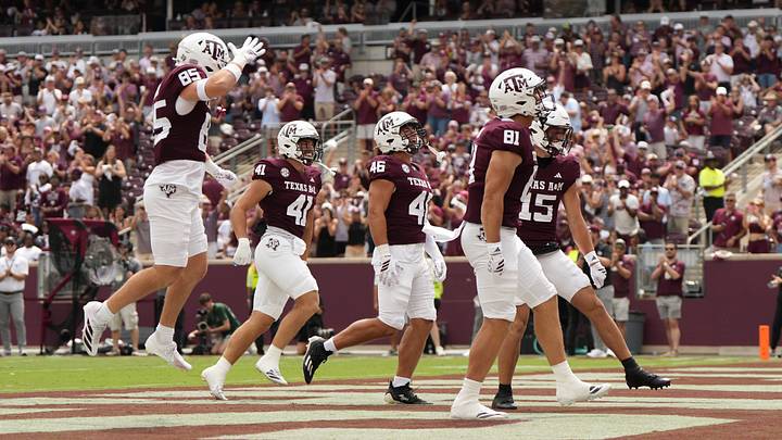 Sep 6, 2025; College Station, Texas, USA; The Texas A&M Aggies ‘12th Man Kick-off Team’ celebrate after a tackle during the second half against the Utah State Aggies at Kyle Field. Mandatory Credit: Sean Thomas-Imagn Images Sep 6, 2025; College Station, Texas, USA; The Texas A&M Aggies ‘12th Man Kick-off Team’ celebrate after a tackle during the second half against the Utah State Aggies at Kyle Field. Mandatory Credit: Sean Thomas-Imagn Images