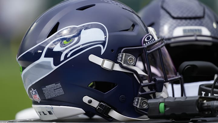 Aug 23, 2025; Green Bay, Wisconsin, USA; General view of a Seattle Seahawks helmet prior to the game against the Green Bay Packers at Lambeau Field. 