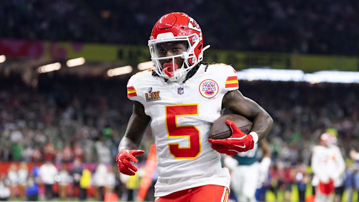 Feb 9, 2025; New Orleans, LA, USA;  Kansas City Chiefs wide receiver Marquise Brown (5) against the Philadelphia Eagles in Super Bowl LIX at Ceasars Superdome.