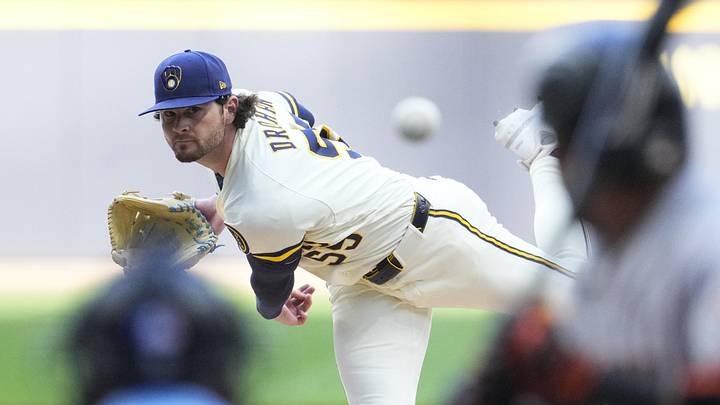 Jun 1, 2026; Milwaukee, Wisconsin, USA; Milwaukee Brewers pitcher Shane Drohan (55) delivers a pitch against the San Francisco Giants in the first inning at American Family Field. Mandatory Credit: Michael McLoone-Imagn Images