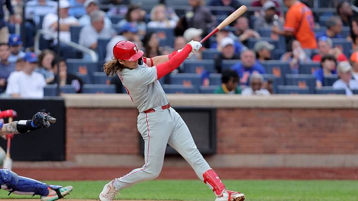 Sep 19, 2026; New York City, New York, USA; Philadelphia Phillies first baseman Alec Bohm (28) follows through on an RBI single against the New York Mets during the fourth inning at Citi Field. Mandatory Credit: Brad Penner-Imagn Images Sep 19, 2026; New York City, New York, USA; Philadelphia Phillies first baseman Alec Bohm (28) follows through on an RBI single against the New York Mets during the fourth inning at Citi Field. Mandatory Credit: Brad Penner-Imagn Images