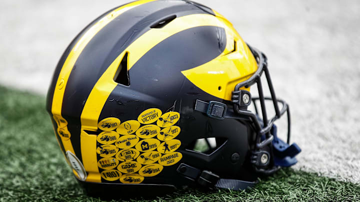 A Michigan football helmet on the field during warmup at the spring game at Michigan Stadium in Ann Arbor on Saturday, April 20, 2024.