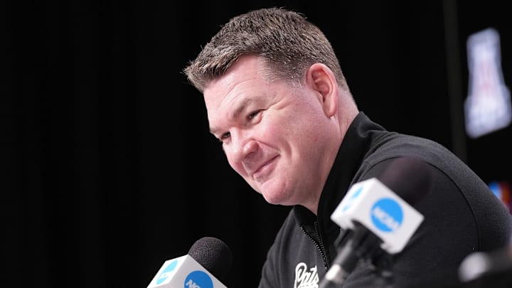Apr 2, 2026; Indianapolis, IN, USA; Arizona head coach Tommy Lloyd during a press conference ahead of the Final Four of the men's 2026 NCAA Tournament at Lucas Oil Stadium. Mandatory Credit: Robert Deutsch-Imagn Images