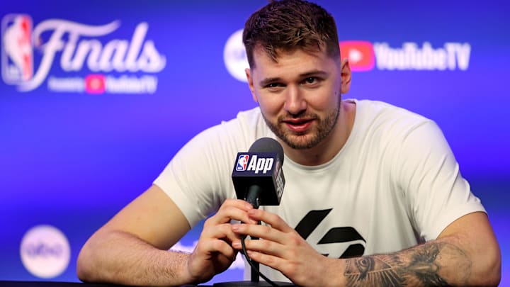 Jun 5, 2024; Boston, MA, USA;  Dallas Mavericks guard Luka Doncic (77) during the NBA Finals Media Day at TD Garden. Mandatory Credit: Peter Casey-Imagn Images