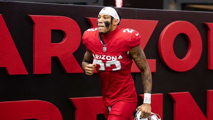 Sep 29, 2024; Glendale, Arizona, USA; Arizona Cardinals cornerback Sean Murphy-Bunting (23) against the Washington Commanders at State Farm Stadium. Mandatory Credit: Mark J. Rebilas-Imagn Images