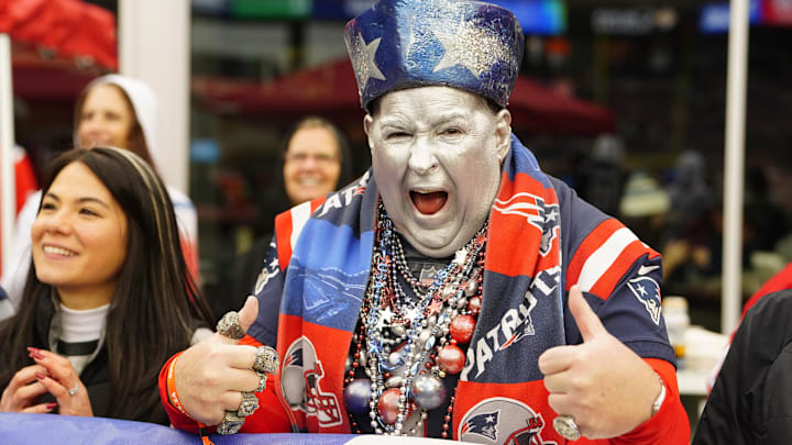  A New England Patriots fan poses for a photo during the second half of the game against the Houston Texans at Gillette Stadium.