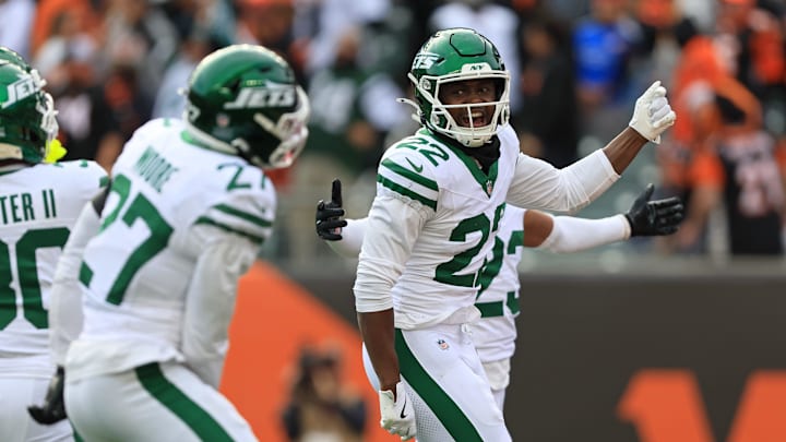 Oct 26, 2025; Cincinnati, Ohio, USA; New York Jets safety Tony Adams (22) celebrates winning the game against the Cincinnati Bengals at Paycor Stadium. Mandatory Credit: Katie Stratman-Imagn Images