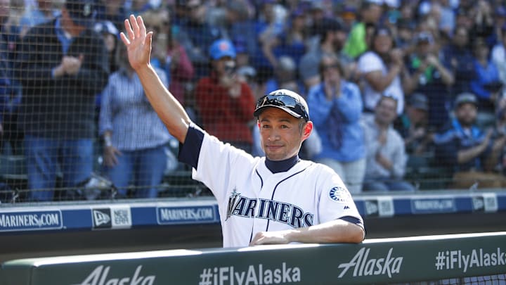 May 1, 2019; Seattle, WA, USA; Seattle Mariners former outfielder Ichiro Suzuki (51) acknowledges fans after being introduced as an instructor during the second inning against the Chicago Cubs at T-Mobile Park. Mandatory Credit: Joe Nicholson-Imagn Images