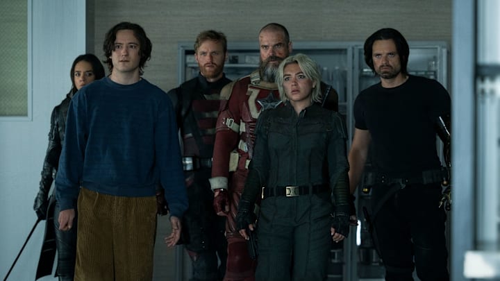 Ghost (Hannah John-Kamen), Bob (Lewis Pullman), John Walker (Wyatt Russell), Alexei Shostakov/Red Guardian (David Harbour), Yelena Belova (Florence Pugh) and Bucky Barnes (Sebastian Stan)in Marvel Studios' THUNDERBOLTS*. Photo by Chuck Zlotnick. © 2025 MARVEL.