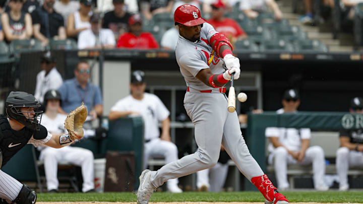 Jun 19, 2025; Chicago, Illinois, USA; St. Louis Cardinals right fielder Jordan Walker (18) singles against the Chicago White Sox during the fifth inning of game one of the doubleheader at Rate Field. Mandatory Credit: Kamil Krzaczynski-Imagn Images