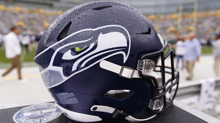Aug 26, 2023; Green Bay, Wisconsin, USA; A Seattle Seahawks helmet sits on the sidelines during warmups before the game against the Green Bay Packers at Lambeau Field. Aug 26, 2023; Green Bay, Wisconsin, USA; A Seattle Seahawks helmet sits on the sidelines during warmups before the game against the Green Bay Packers at Lambeau Field.