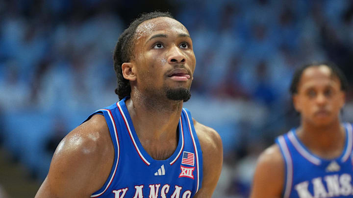 Nov 7, 2025; Chapel Hill, North Carolina, USA;  Kansas Jayhawks guard Darryn Peterson (22) at the free throw line in the first half at Dean E. Smith Center. Mandatory Credit: Bob Donnan-Imagn Images