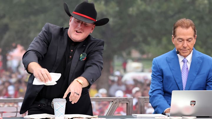 Pat McAfee takes the stage at ESPN College GameDay ahead of the University of Oklahoma-Michigan College football game on Sep 6, 2025 in Norman.