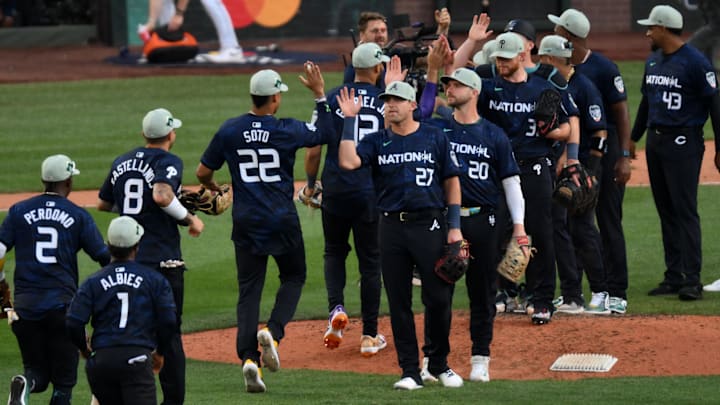 Jul 11, 2023; Seattle, Washington, USA; National League third baseman  Austin Riley  of the Atlanta Braves (27) reacts with teammates after the ninth inning at T-Mobile Park. Mandatory Credit: Steven Bisig-USA TODAY Sports