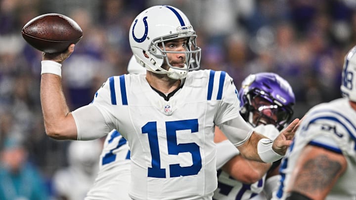 Nov 3, 2024; Minneapolis, Minnesota, USA; Indianapolis Colts quarterback Joe Flacco (15) throws a pass against the Minnesota Vikings during the first quarter at U.S. Bank Stadium. Nov 3, 2024; Minneapolis, Minnesota, USA; Indianapolis Colts quarterback Joe Flacco (15) throws a pass against the Minnesota Vikings during the first quarter at U.S. Bank Stadium.