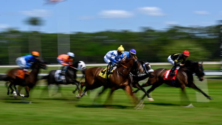 General view of the field passing for the first of two times to start the fourth race of the day.