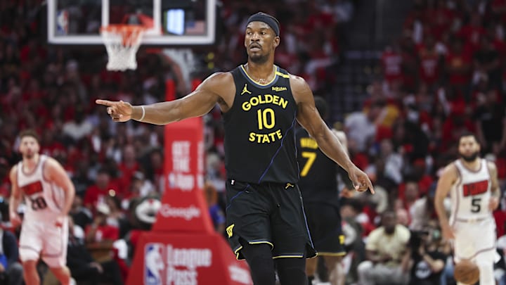 Golden State Warriors forward Jimmy Butler III (10) reacts after a play during the fourth quarter of game seven of the first round for the 2025 NBA Playoffs at Toyota Center. 
