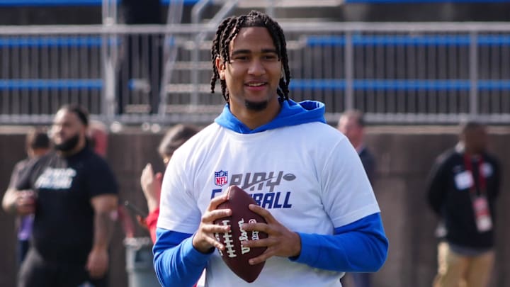 Apr 26, 2023; Kansas City, MO, USA; Ohio State Buckeyes quarterback CJ Stroud prepares to throw the