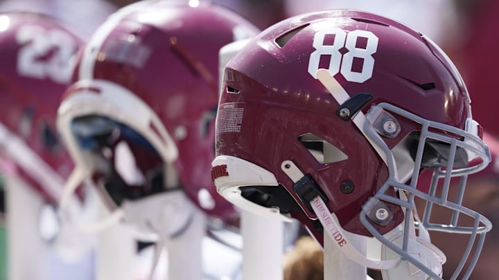 Sep 14, 2024; Madison, Wisconsin, USA;  General view of Alabama Crimson Tide helmets during the game against the Wisconsin Badgers at Camp Randall Stadium. Mandatory Credit: Jeff Hanisch-Imagn Images