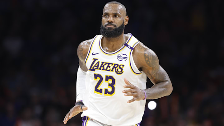 Los Angeles Lakers forward LeBron James (23) reacts after scoring against the Oklahoma City Thunder during the second half at Paycom Center. Los Angeles Lakers forward LeBron James (23) reacts after scoring against the Oklahoma City Thunder during the second half at Paycom Center.