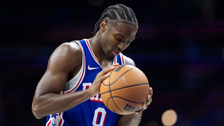Oct 30, 2024; Philadelphia, Pennsylvania, USA; Philadelphia 76ers guard Tyrese Maxey (0) shoots a foul shotagainst the Detroit Pistons during the fourth quarter at Wells Fargo Center. Mandatory Credit: Bill Streicher-Imagn Images Oct 30, 2024; Philadelphia, Pennsylvania, USA; Philadelphia 76ers guard Tyrese Maxey (0) shoots a foul shotagainst the Detroit Pistons during the fourth quarter at Wells Fargo Center. Mandatory Credit: Bill Streicher-Imagn Images