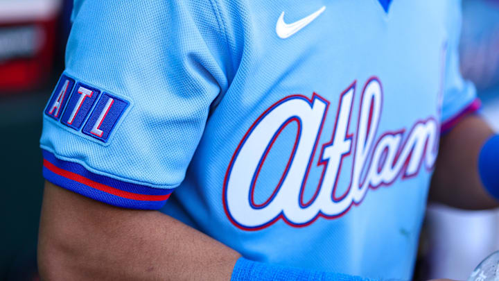 Apr 10, 2026; Atlanta, Georgia, USA; A detailed view of the city connect jersey of Atlanta Braves shortstop Mauricio Dubon (14) before a game against the Cleveland Guardians at Truist Park. Mandatory Credit: Brett Davis-Imagn Images
