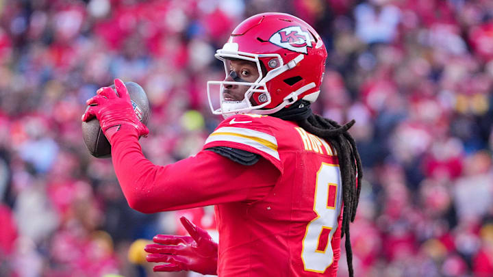 Dec 21, 2024; Kansas City, Missouri, USA; Kansas City Chiefs wide receiver DeAndre Hopkins (8) celebrates after catching a pass against the Houston Texans during the second half at GEHA Field at Arrowhead Stadium. Mandatory Credit: Denny Medley-Imagn Images