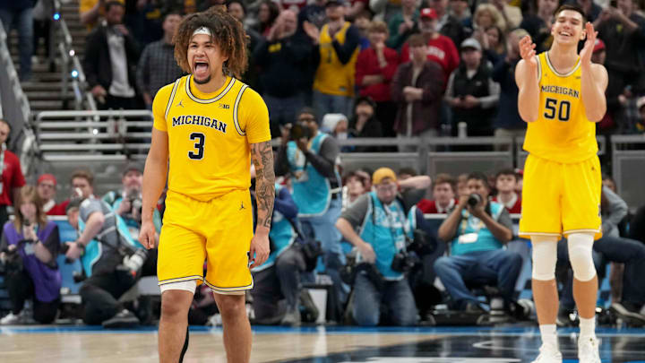Michigan Wolverines guard Tre Donaldson (3) and center Vladislav Goldin (50)