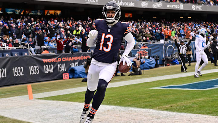 Dec 22, 2024; Chicago, Illinois, USA; Chicago Bears wide receiver Keenan Allen (13) reacts after a touchdown reception against the Detroit Lions during the second quarter at Soldier Field. Mandatory Credit: Daniel Bartel-Imagn Images Dec 22, 2024; Chicago, Illinois, USA; Chicago Bears wide receiver Keenan Allen (13) reacts after a touchdown reception against the Detroit Lions during the second quarter at Soldier Field. Mandatory Credit: Daniel Bartel-Imagn Images
