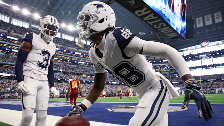 Dallas Cowboys wide receiver Ceedee Lamb celebrates after scoring a touchdown against the Washington Commanders.