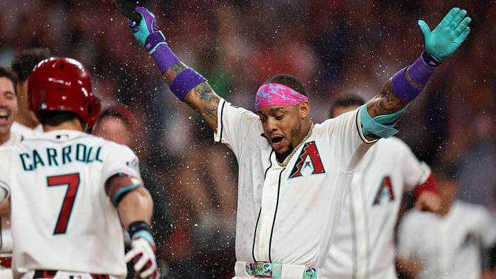 Jun 4, 2026; Phoenix, Arizona, USA; Arizona Diamondbacks second baseman Ketel Marte (4) celebrates with teammates after hitting a walk-off home run against the Los Angeles Dodgers in the ninth inning at Chase Field. Mandatory Credit: Anna Carrington-Imagn Images Jun 4, 2026; Phoenix, Arizona, USA; Arizona Diamondbacks second baseman Ketel Marte (4) celebrates with teammates after hitting a walk-off home run against the Los Angeles Dodgers in the ninth inning at Chase Field. Mandatory Credit: Anna Carrington-Imagn Images