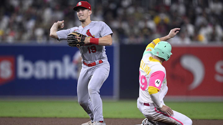 Sep 22, 2023; San Diego, California, USA; St. Louis Cardinals second baseman Tommy Edman (19) throws